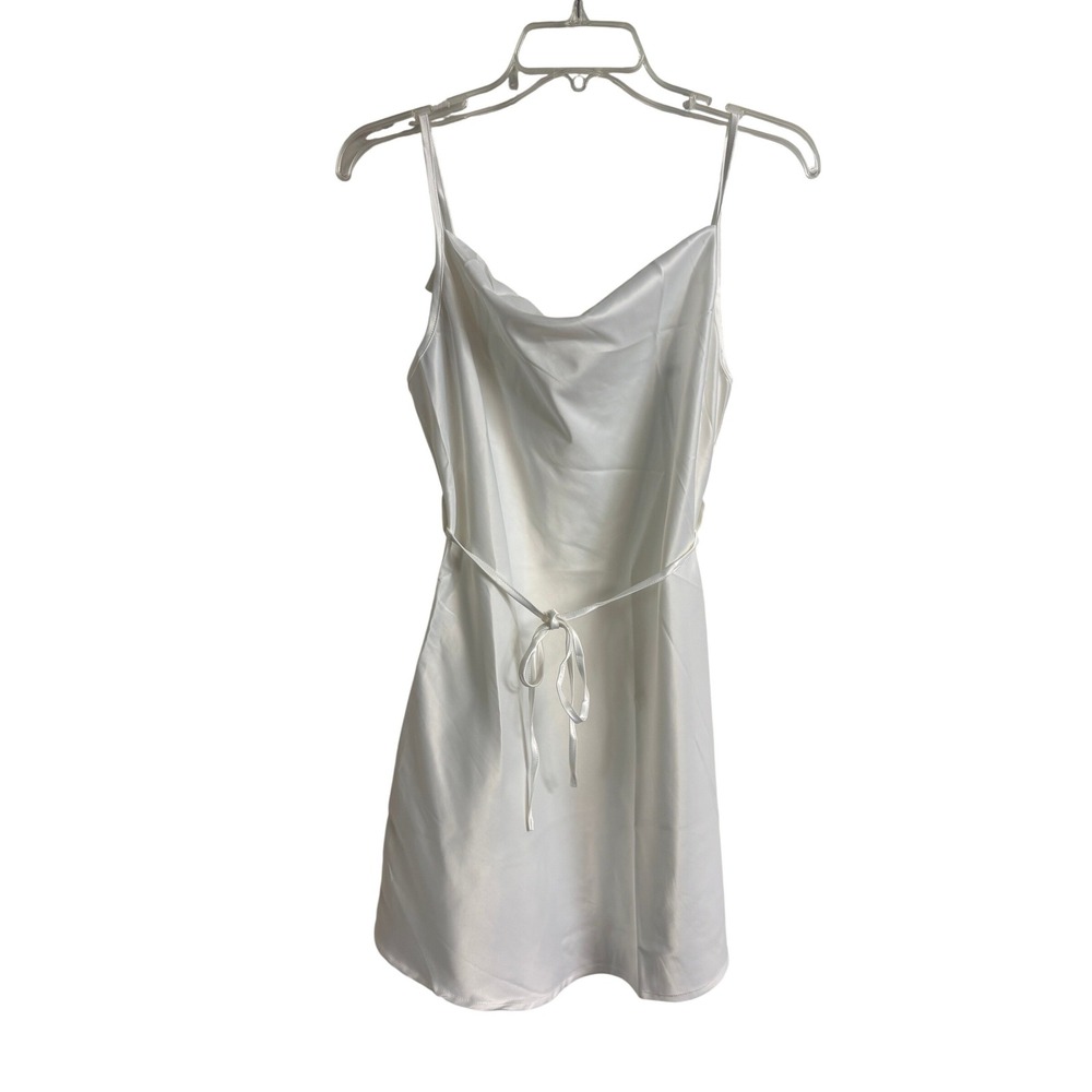 Cider White Satin Cowl Neck Mini Slip Dress with Tie Waist Size Small NWT